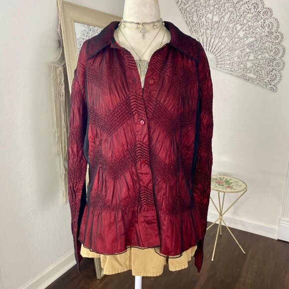Whimsygoth Romantic Burgundy Black Crinkle Frilly Ruffle Button Up Mesh Blouse L - Picture 2 of 6
